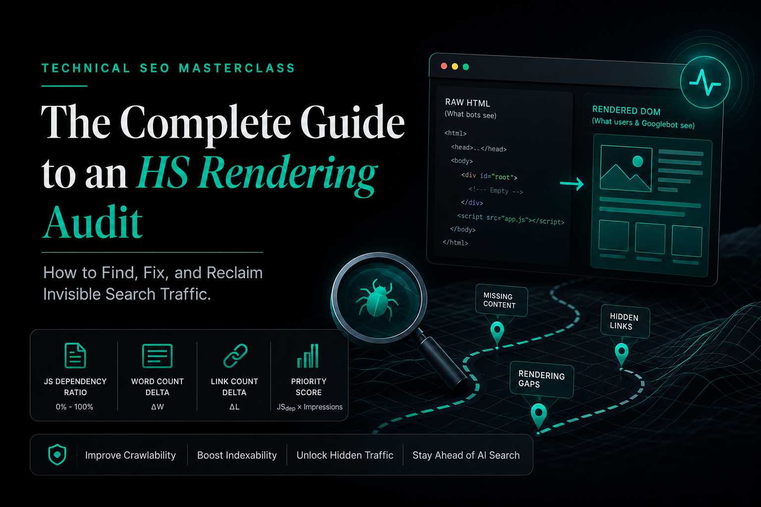 Headless SEO rendering audit — comparing raw HTML to rendered DOM for crawlability